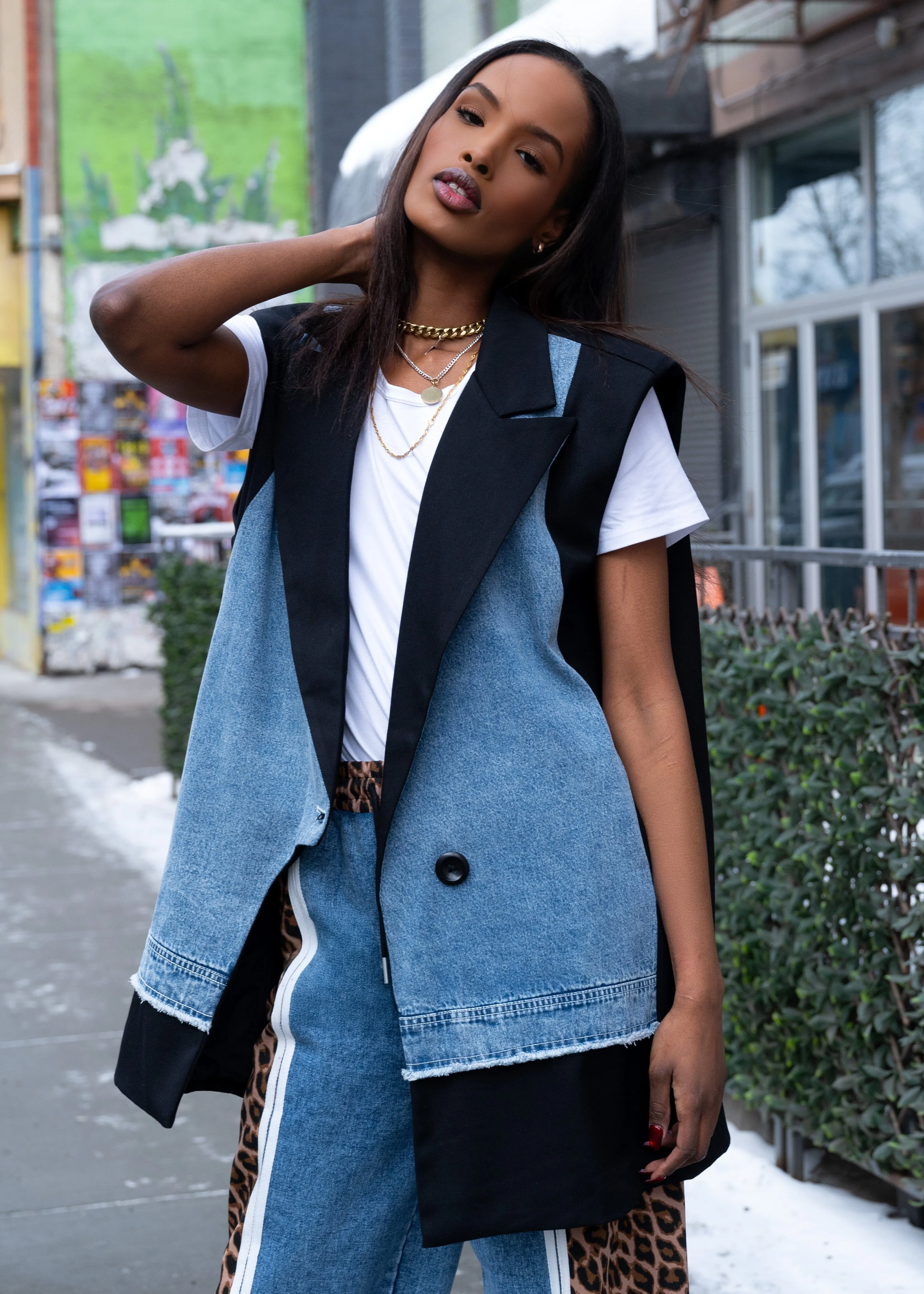 Oversized Denim Contrast Tuxedo Vest