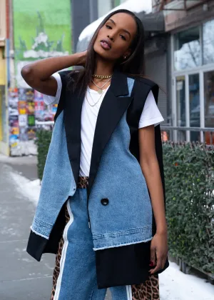 Oversized Denim Contrast Tuxedo Vest