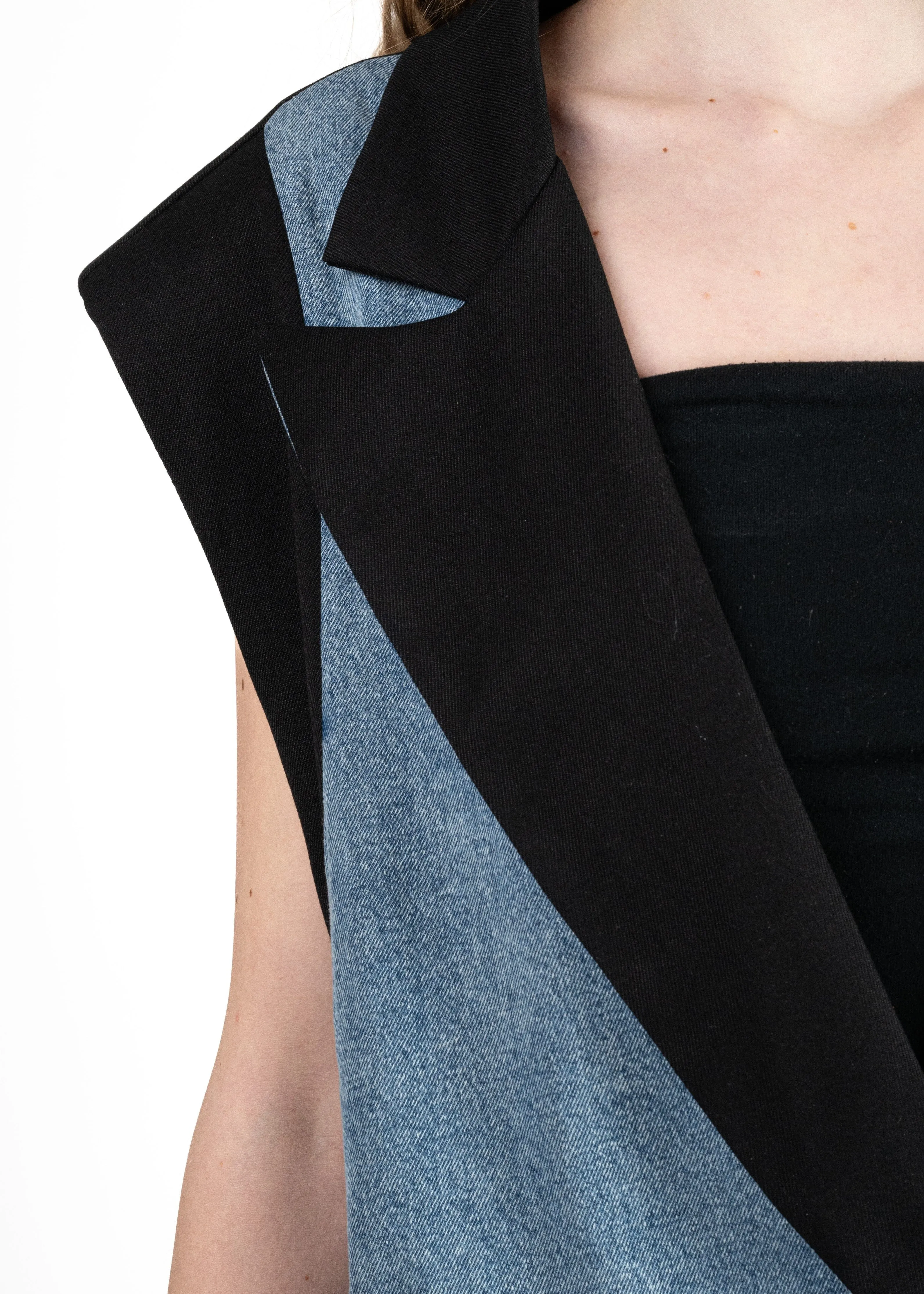 Oversized Denim Contrast Tuxedo Vest