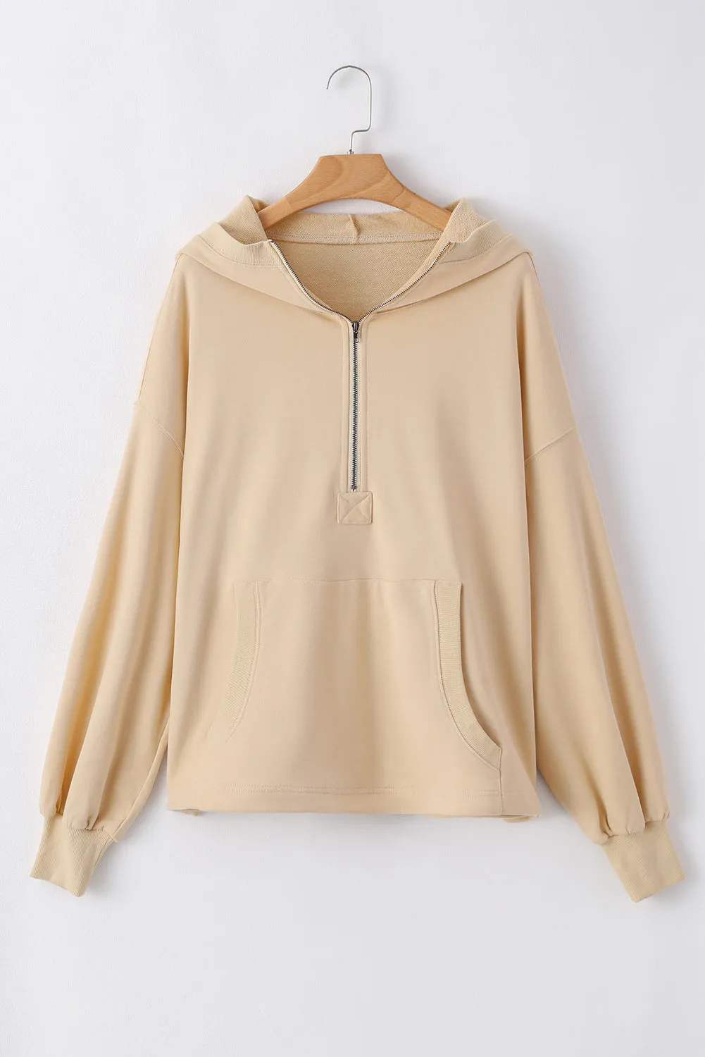 Parchment Solid Kangaroo Pocket Half Zipper Oversized Hoodie