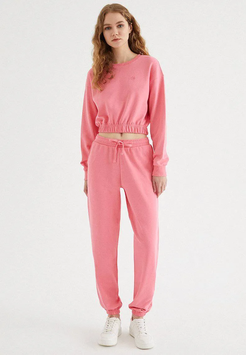 Pembe Bisiklet Yaka Pamuklu Regular Fit Kadın Crop Sweatshirt ENJOY ELASTICATED HEM
