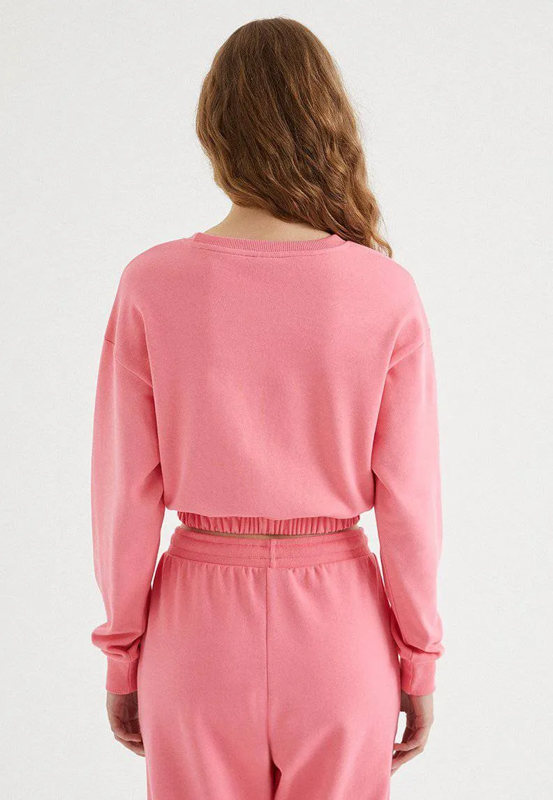 Pembe Bisiklet Yaka Pamuklu Regular Fit Kadın Crop Sweatshirt ENJOY ELASTICATED HEM