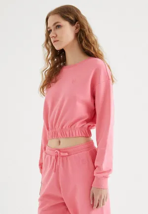 Pembe Bisiklet Yaka Pamuklu Regular Fit Kadın Crop Sweatshirt ENJOY ELASTICATED HEM