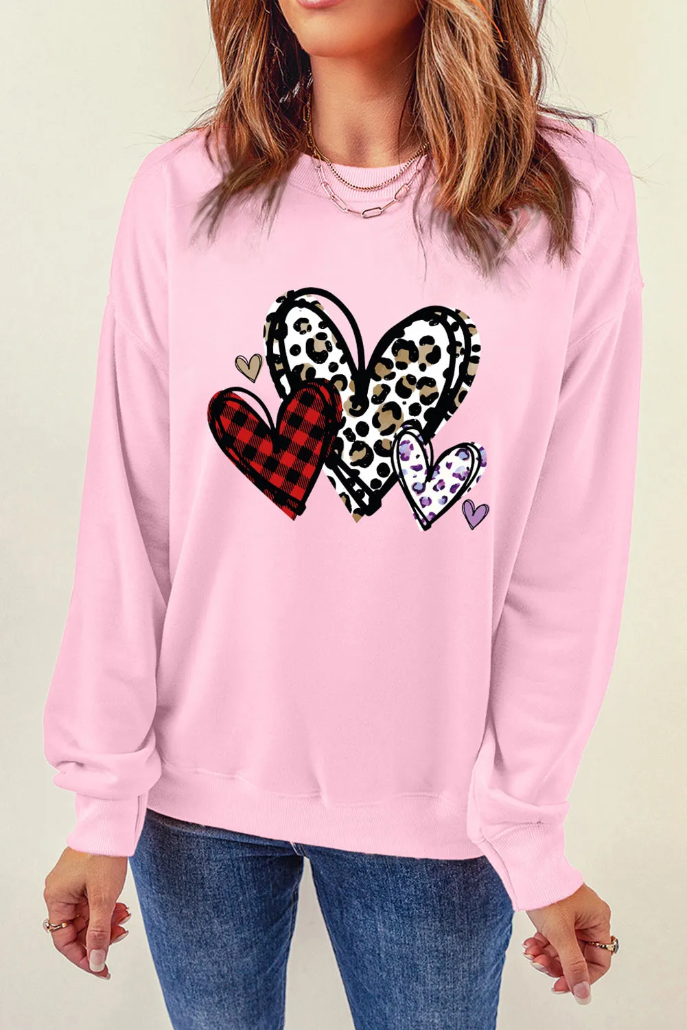 Pink Heart Shaped Plaid Leopard Print Crew Neck Sweatshirt