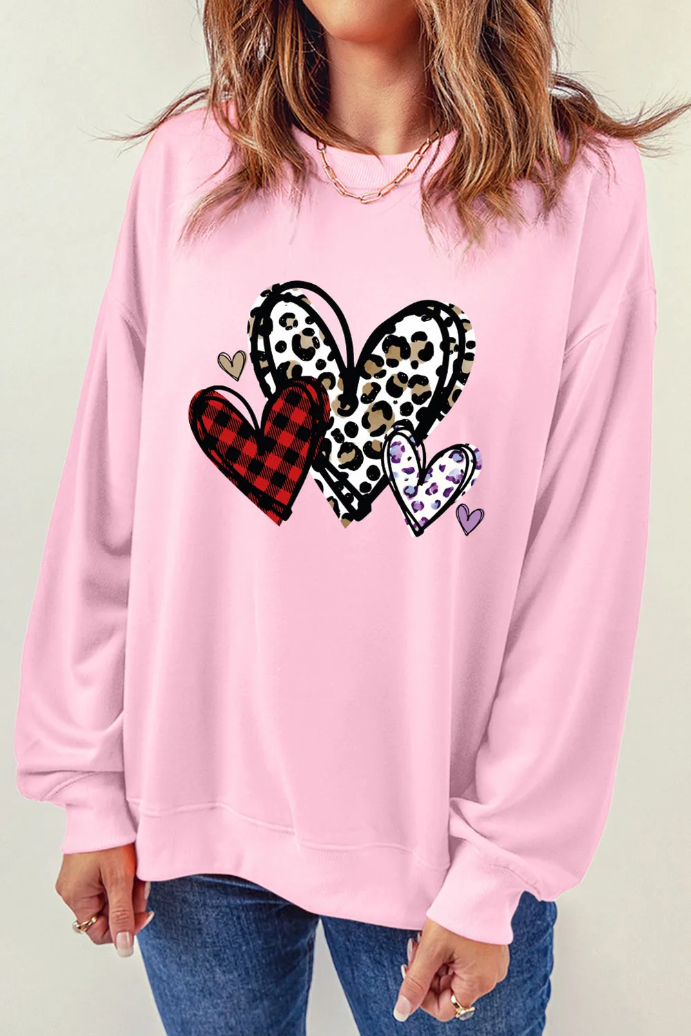 Pink Heart Shaped Plaid Leopard Print Crew Neck Sweatshirt