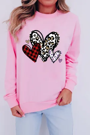 Pink Heart Shaped Plaid Leopard Print Crew Neck Sweatshirt