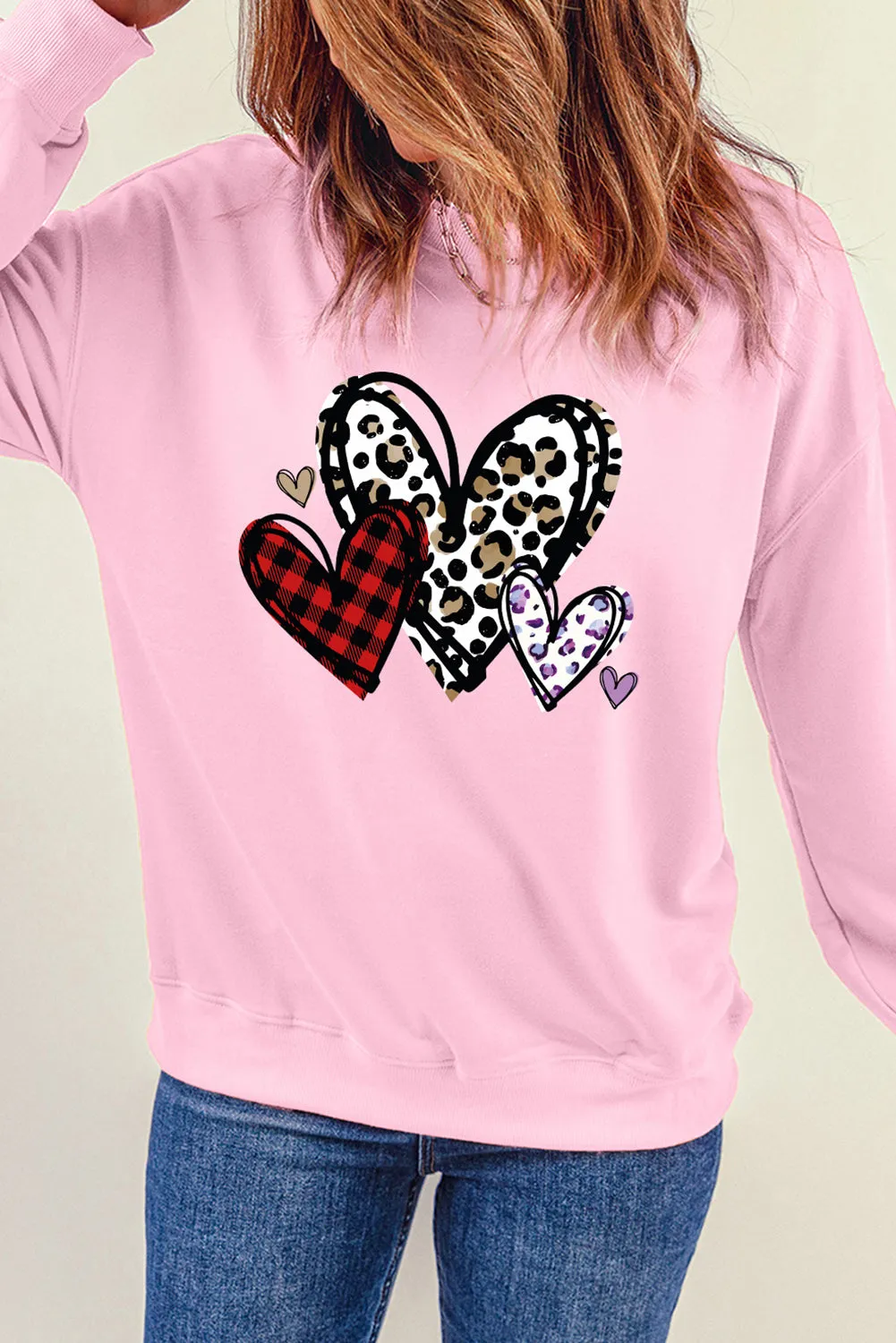 Pink Heart Shaped Plaid Leopard Print Crew Neck Sweatshirt
