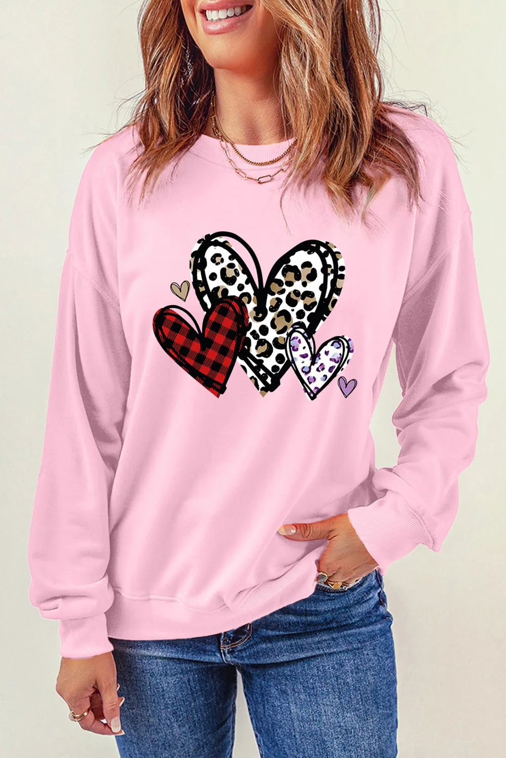 Pink Heart Shaped Plaid Leopard Print Crew Neck Sweatshirt