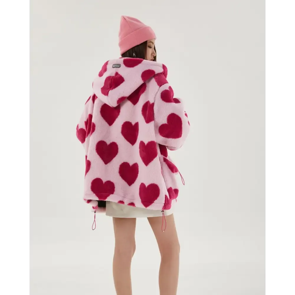 Pink Hooded Jacket with Heart Pattern and Adjustable Drawstring Hood