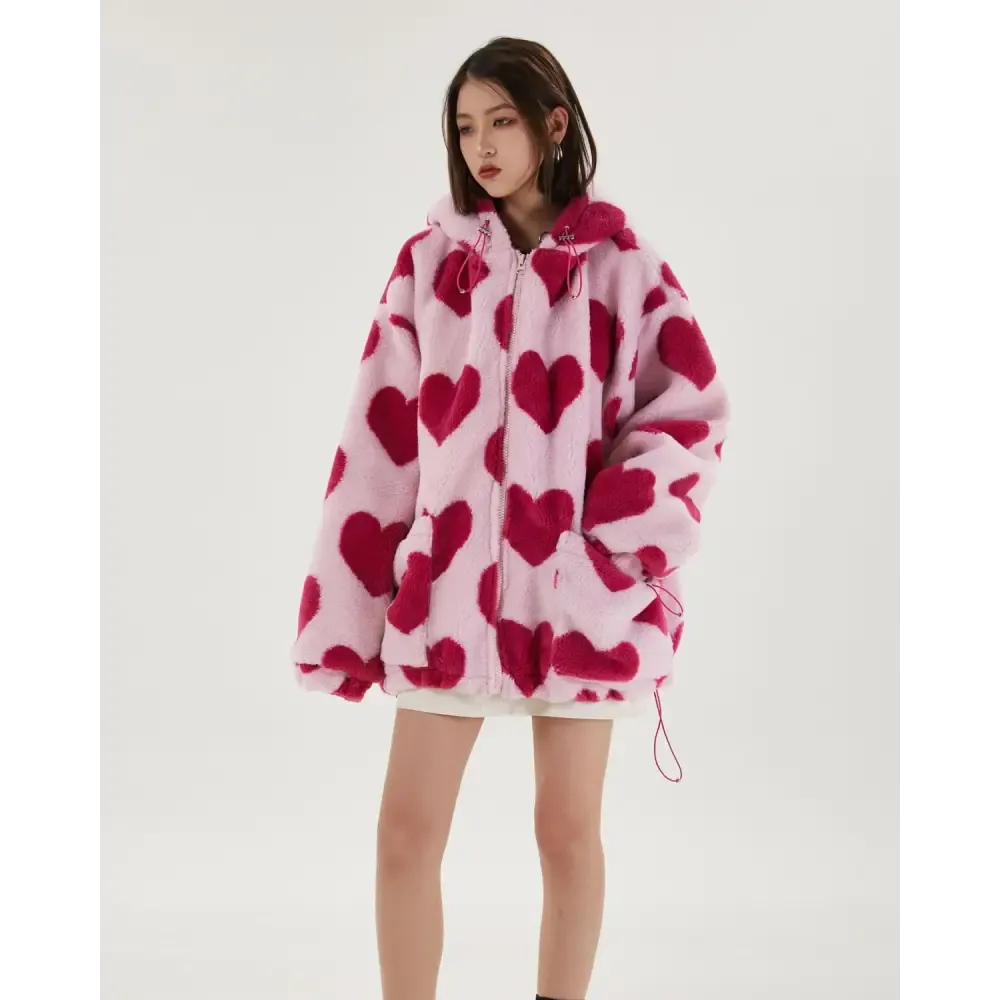 Pink Hooded Jacket with Heart Pattern and Adjustable Drawstring Hood
