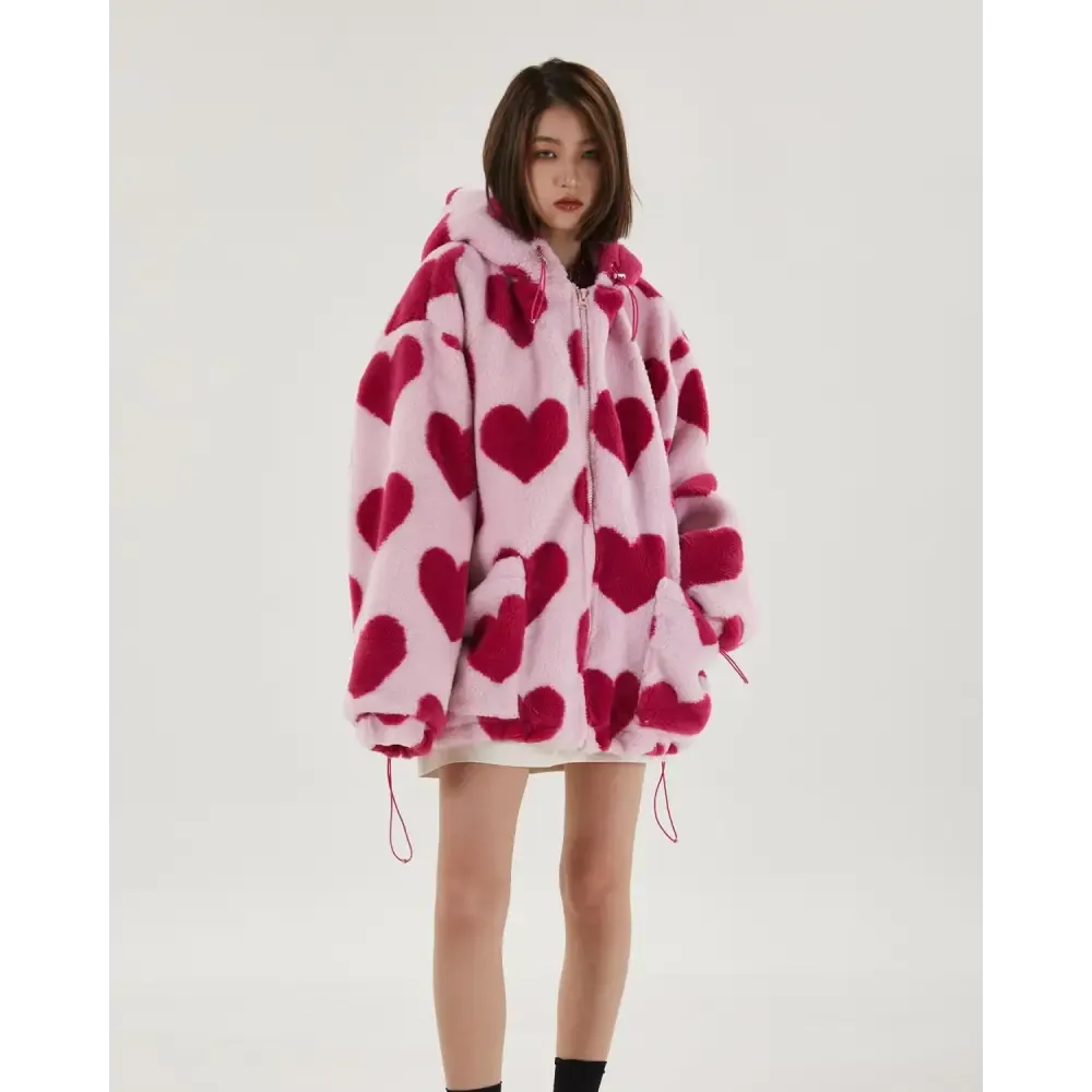 Pink Hooded Jacket with Heart Pattern and Adjustable Drawstring Hood