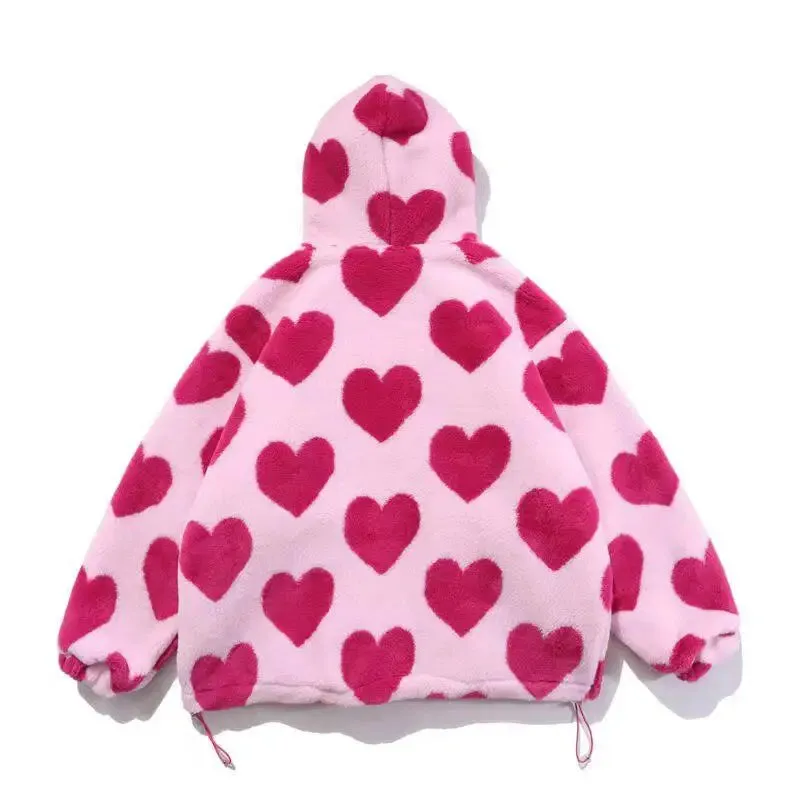 Pink Hooded Jacket with Heart Pattern and Adjustable Drawstring Hood