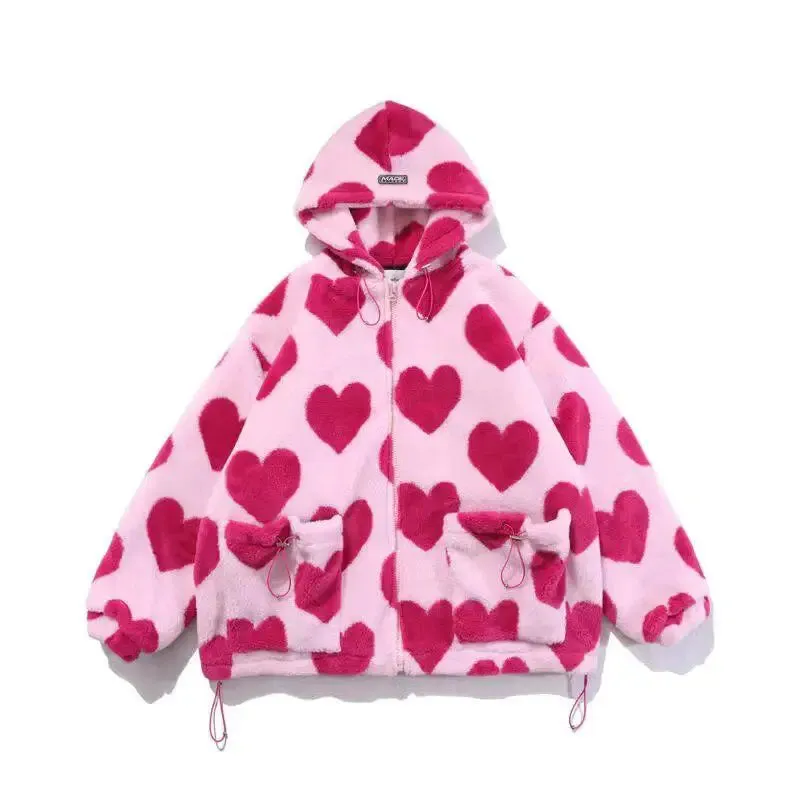Pink Hooded Jacket with Heart Pattern and Adjustable Drawstring Hood