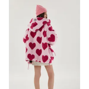 Pink Hooded Jacket with Heart Pattern and Adjustable Drawstring Hood