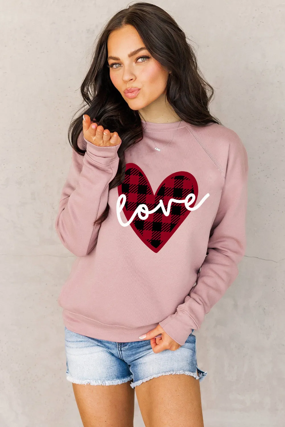 Pink love Heart Shape Plaid Print Raglan Sleeve Sweatshirt