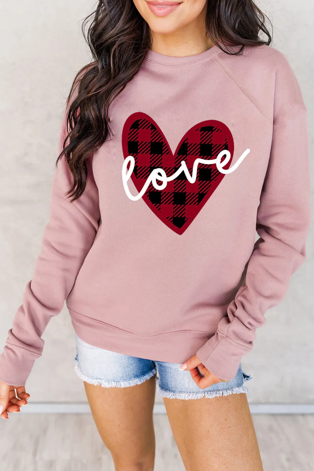 Pink love Heart Shape Plaid Print Raglan Sleeve Sweatshirt