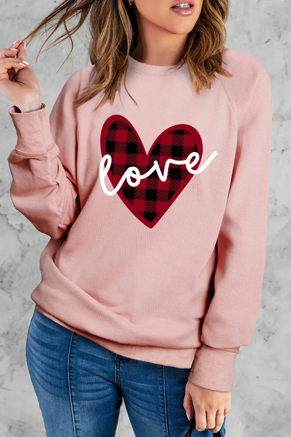 Pink love Heart Shape Plaid Print Raglan Sleeve Sweatshirt