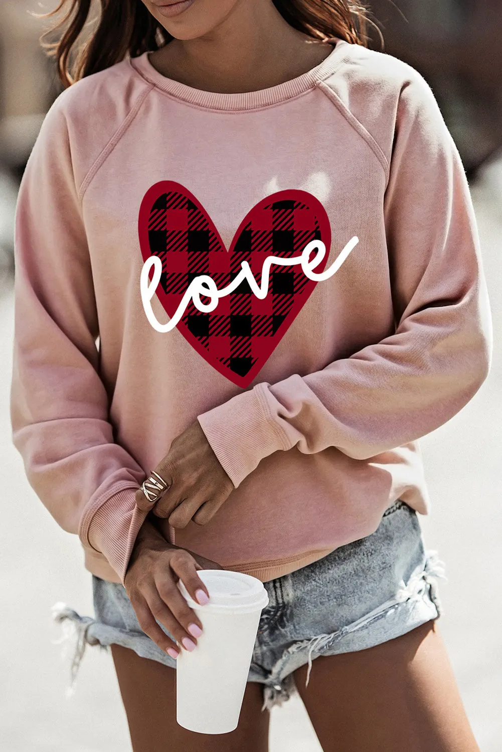 Pink love Heart Shape Plaid Print Raglan Sleeve Sweatshirt
