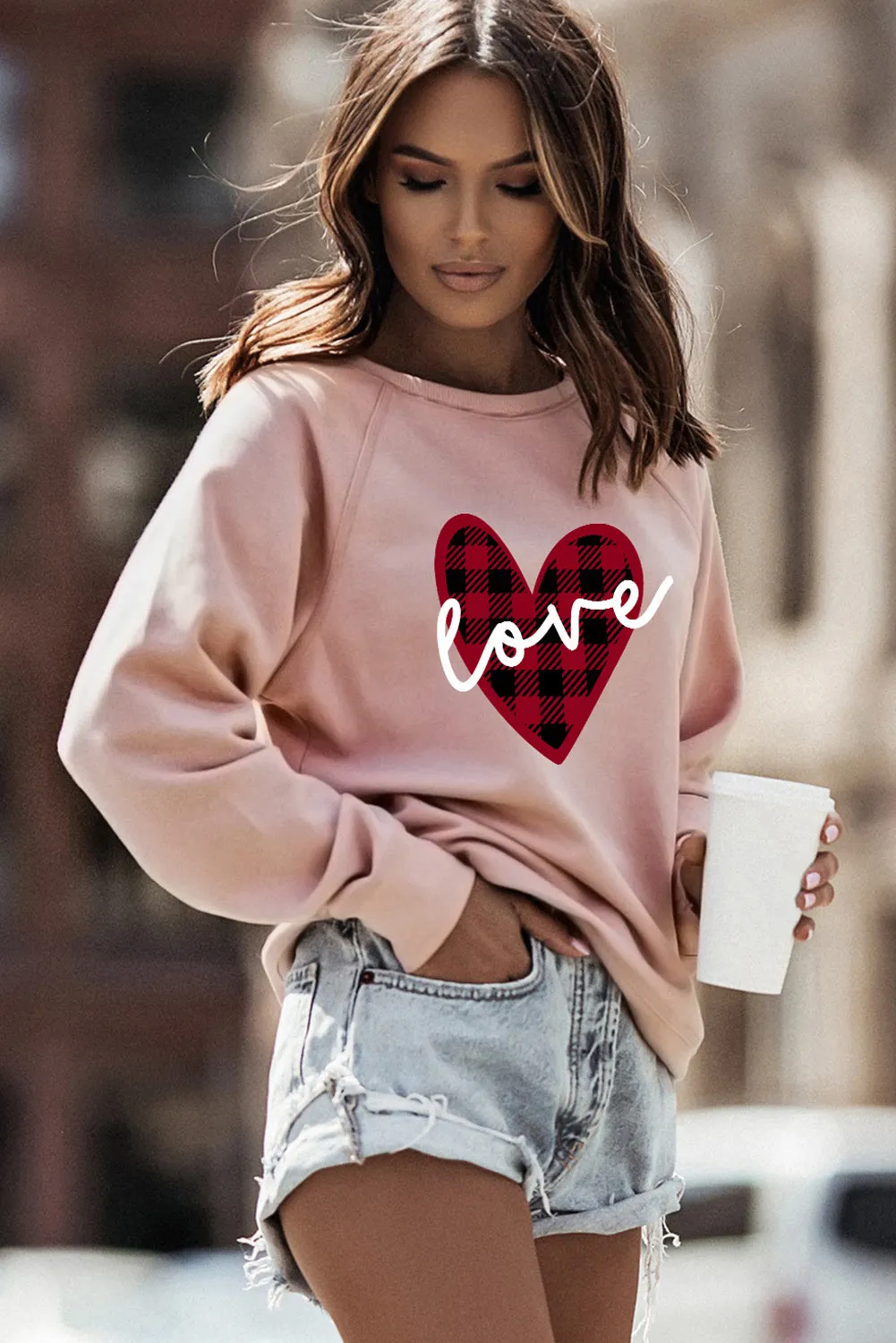 Pink love Heart Shape Plaid Print Raglan Sleeve Sweatshirt