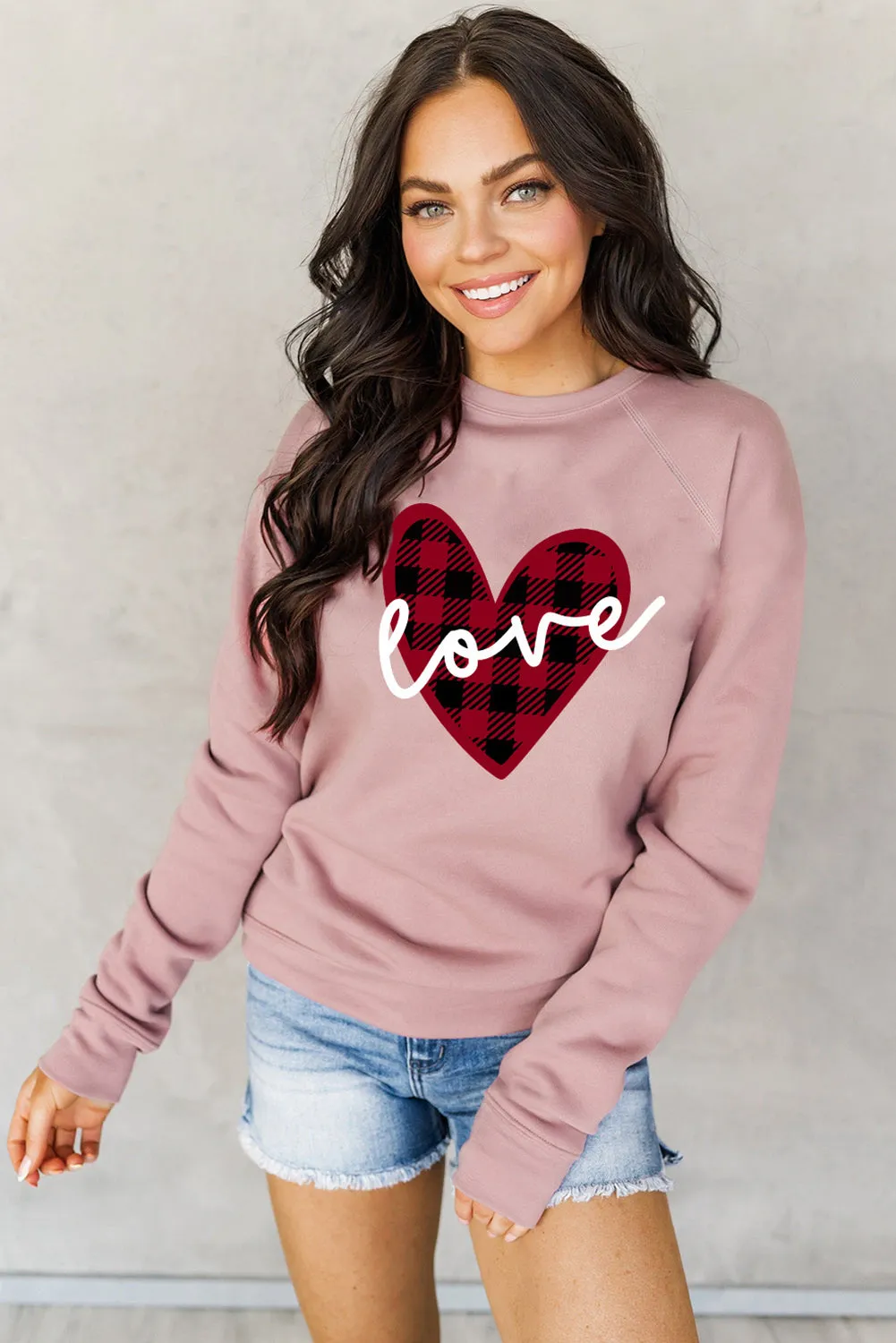 Pink love Heart Shape Plaid Print Raglan Sleeve Sweatshirt
