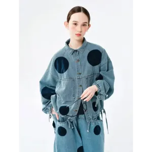 Playful Polka Dot Denim Jacket with Relaxed Fit Y2K Style