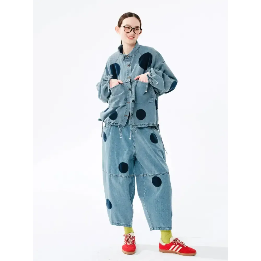 Playful Polka Dot Denim Jacket with Relaxed Fit Y2K Style
