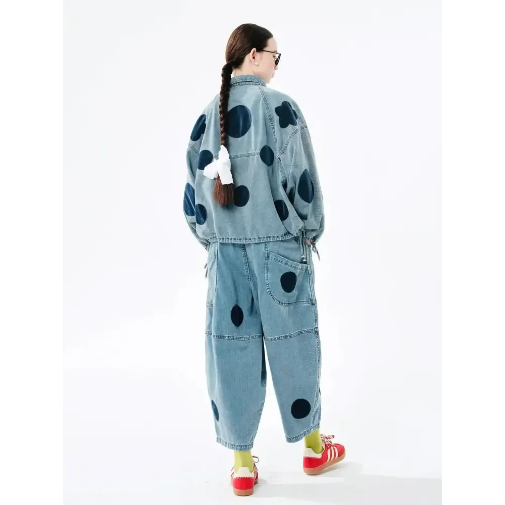 Playful Polka Dot Denim Jacket with Relaxed Fit Y2K Style