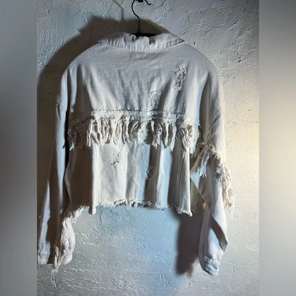 POL NWT fringe denim jacket, cream colored, distressed, small but oversized