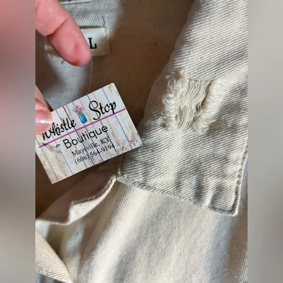 POL NWT fringe denim jacket, cream colored, distressed, small but oversized