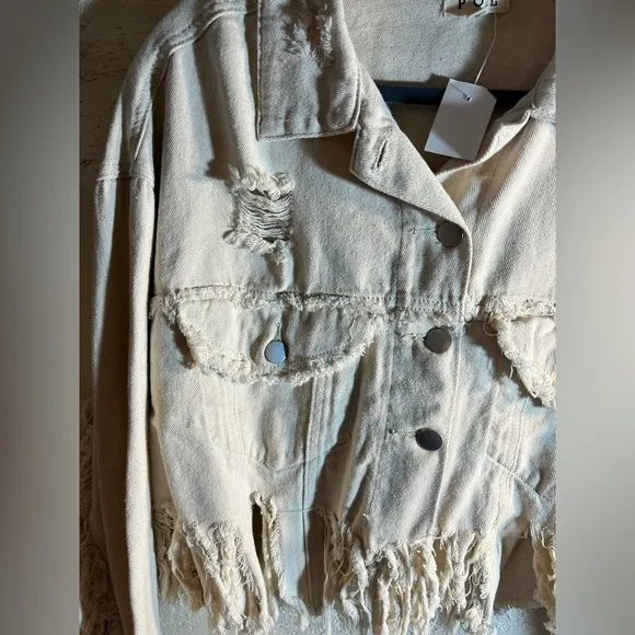 POL NWT fringe denim jacket, cream colored, distressed, small but oversized
