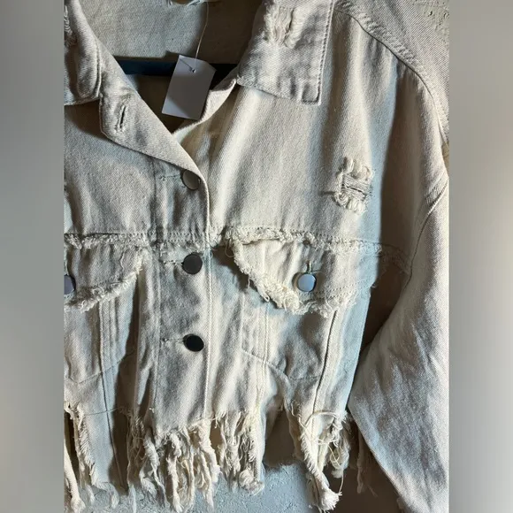 POL NWT fringe denim jacket, cream colored, distressed, small but oversized