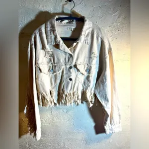 POL NWT fringe denim jacket, cream colored, distressed, small but oversized