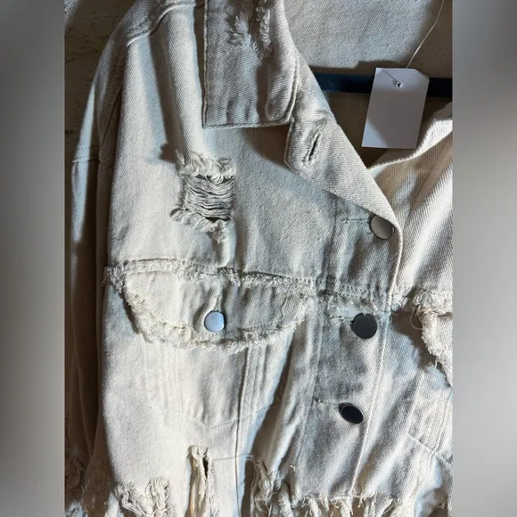 POL NWT fringe denim jacket, cream colored, distressed, small but oversized