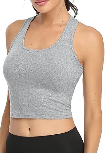 Porvike Sports Crop Tank Tops for Women Cropped Athletic Yoga Tops Racerback Running Tanks Cotton Workout Shirts Sleeveless Undershirts Exercise Gym Clothes 3 Pack Black White Grey M