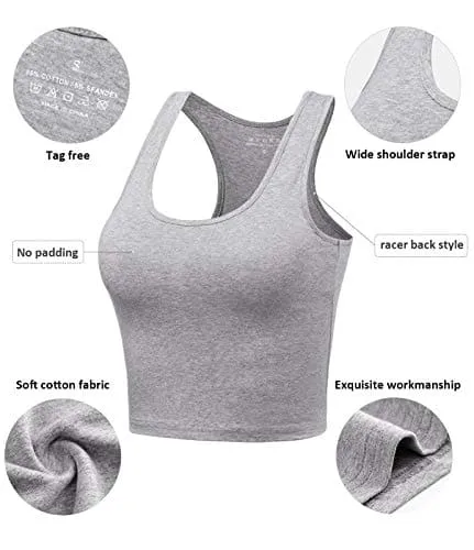 Porvike Sports Crop Tank Tops for Women Cropped Athletic Yoga Tops Racerback Running Tanks Cotton Workout Shirts Sleeveless Undershirts Exercise Gym Clothes 3 Pack Black White Grey M