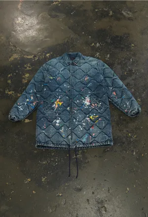Quilted Oversized Coaches Jacket / Denim Paint Splatter