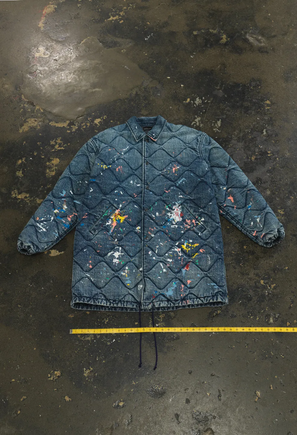 Quilted Oversized Coaches Jacket / Denim Paint Splatter