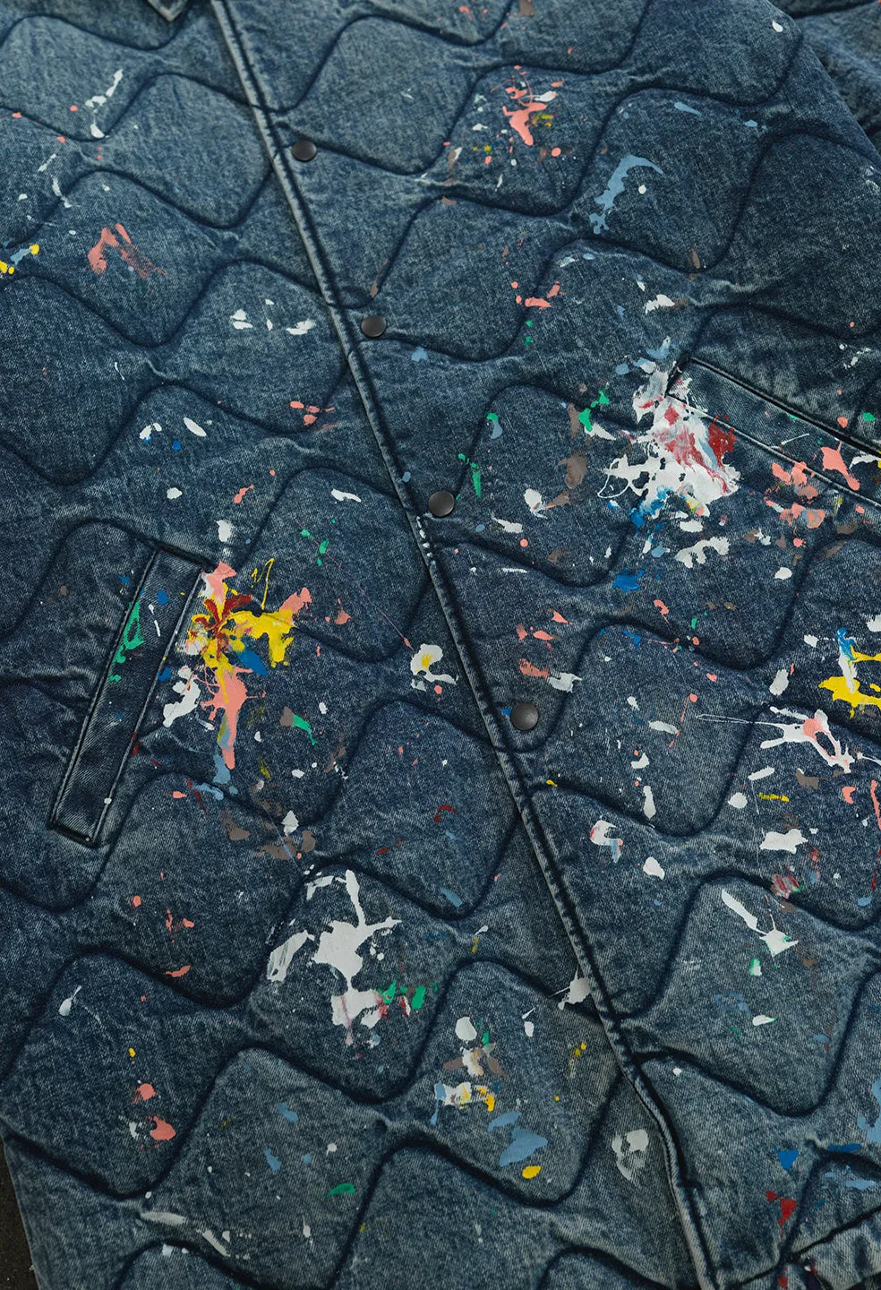 Quilted Oversized Coaches Jacket / Denim Paint Splatter