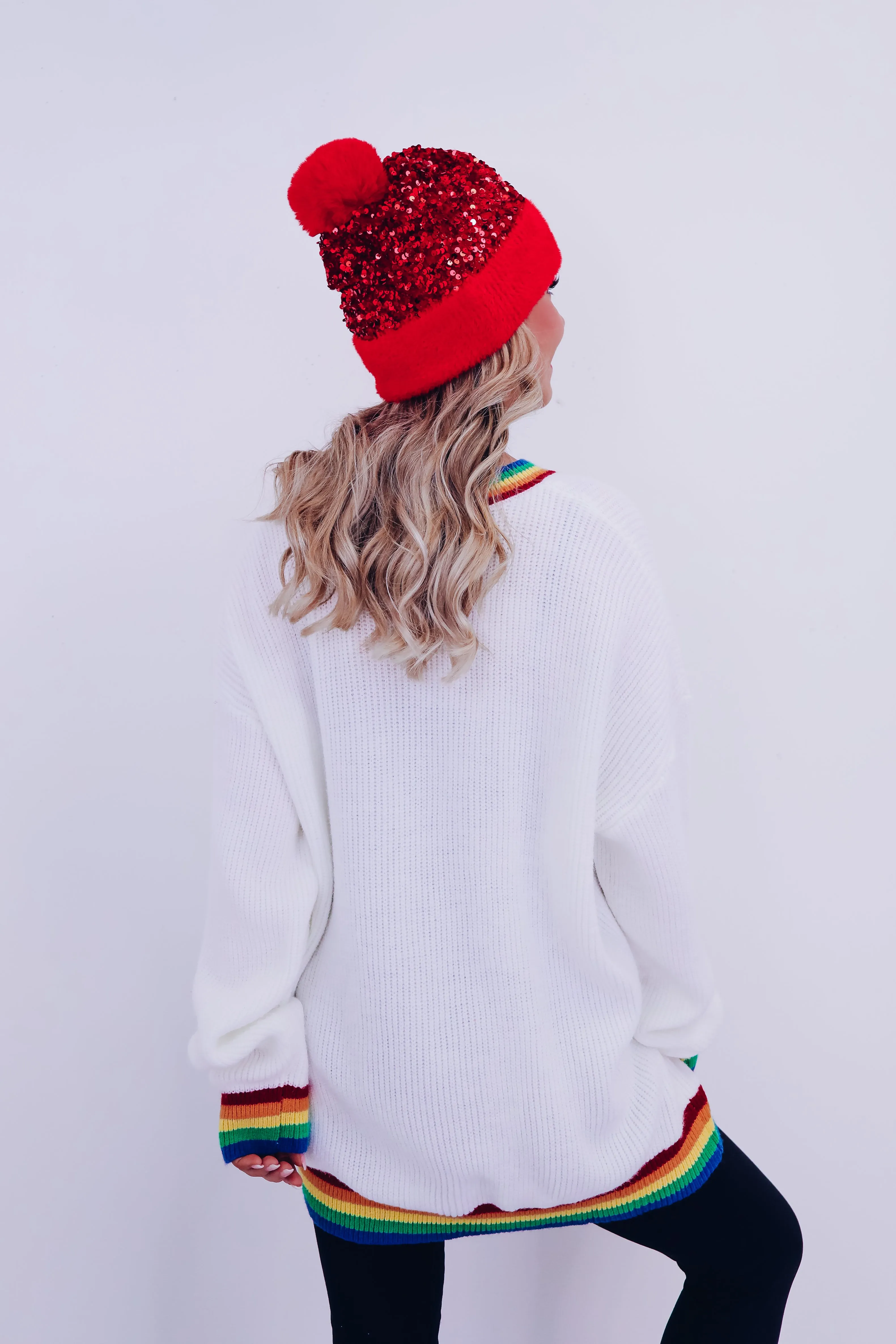 Rainbow "Merry & Bright" Tinsel Sweater  - Ivory