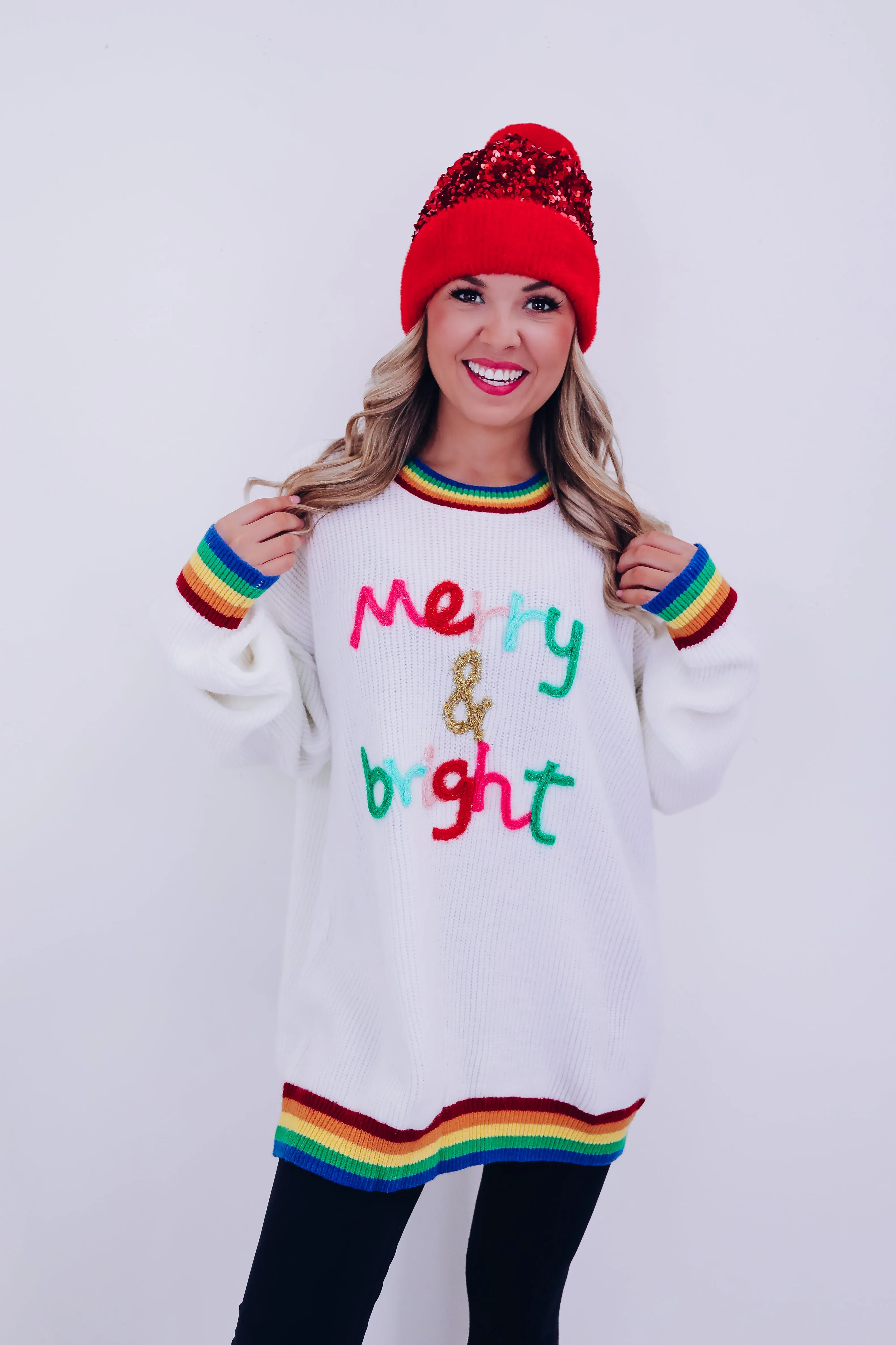 Rainbow "Merry & Bright" Tinsel Sweater  - Ivory