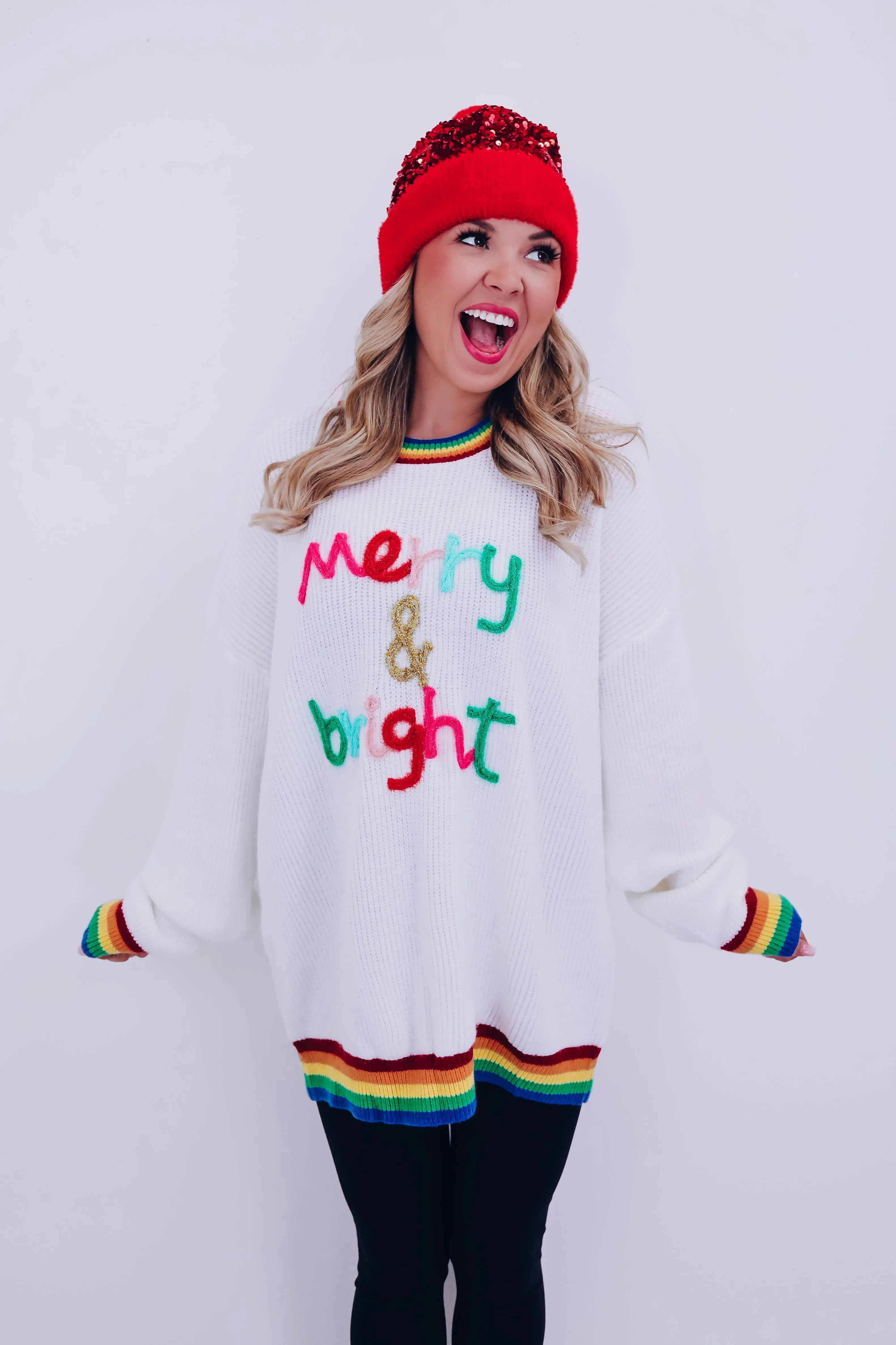 Rainbow "Merry & Bright" Tinsel Sweater  - Ivory