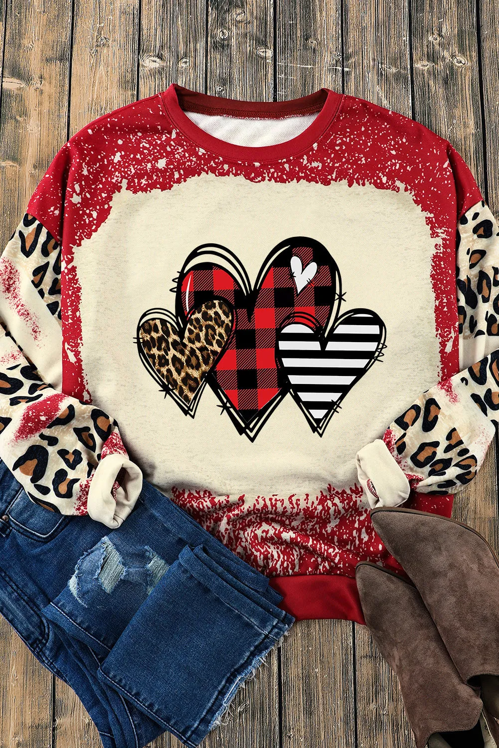 Red Heart Leopard Plaid Striped Bleached Graphic Sweatshirt