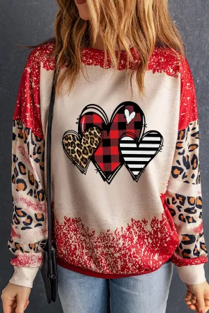 Red Heart Leopard Plaid Striped Bleached Graphic Sweatshirt