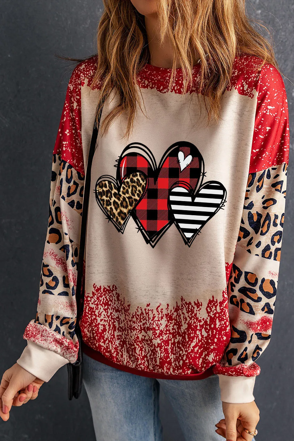 Red Heart Leopard Plaid Striped Bleached Graphic Sweatshirt