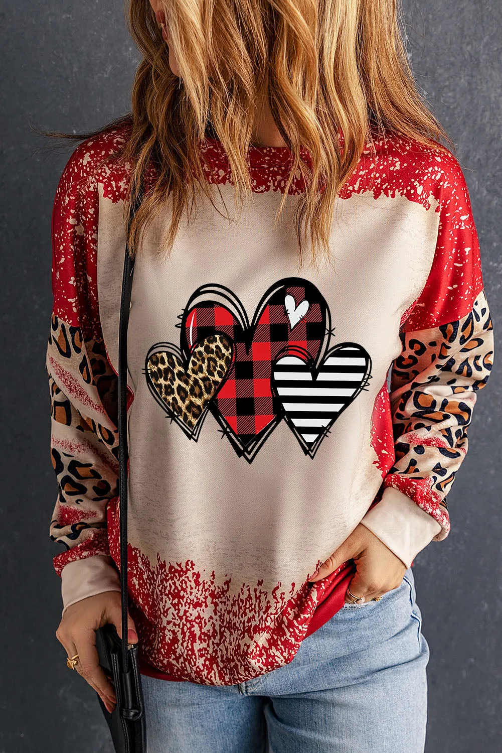 Red Heart Leopard Plaid Striped Bleached Graphic Sweatshirt
