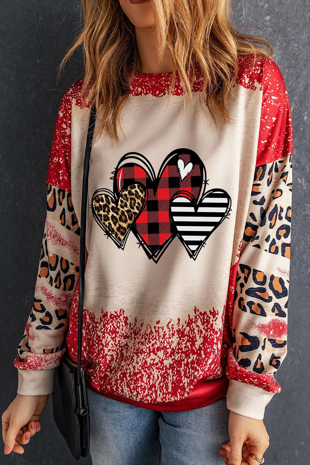Red Heart Leopard Plaid Striped Bleached Graphic Sweatshirt