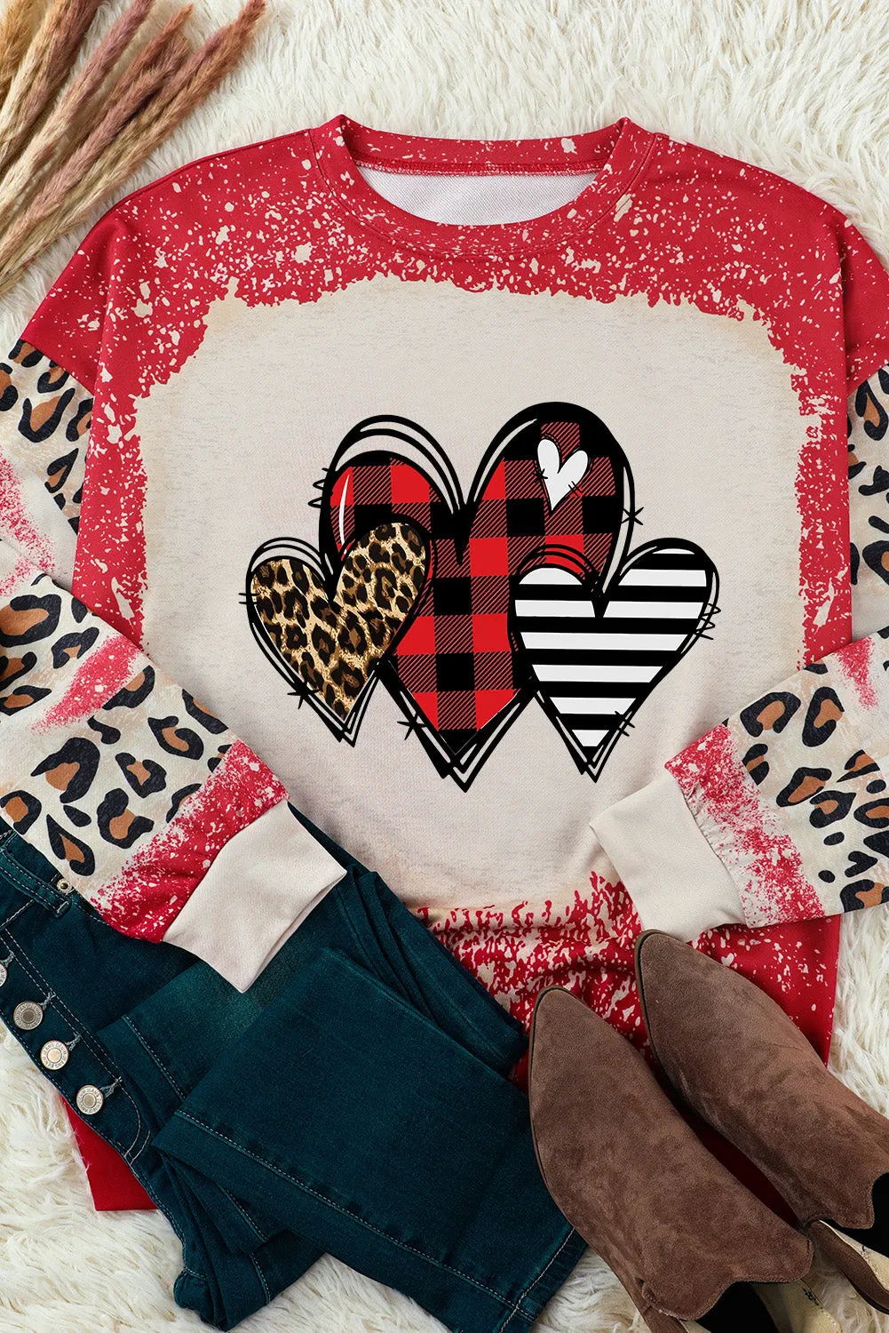 Red Heart Leopard Plaid Striped Bleached Graphic Sweatshirt