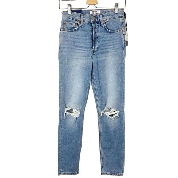 ReDone Women's 25 90's High Rise Ankle Crop Jean Distressed Button Fly Denim New