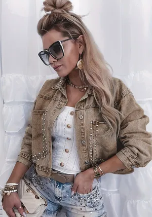 Rivet-Studded Oversized Denim Jacket with Turndown Collar and Stylish Finish