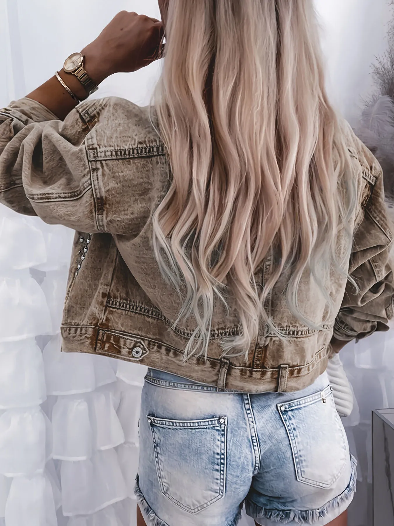 Rivet-Studded Oversized Denim Jacket with Turndown Collar and Stylish Finish